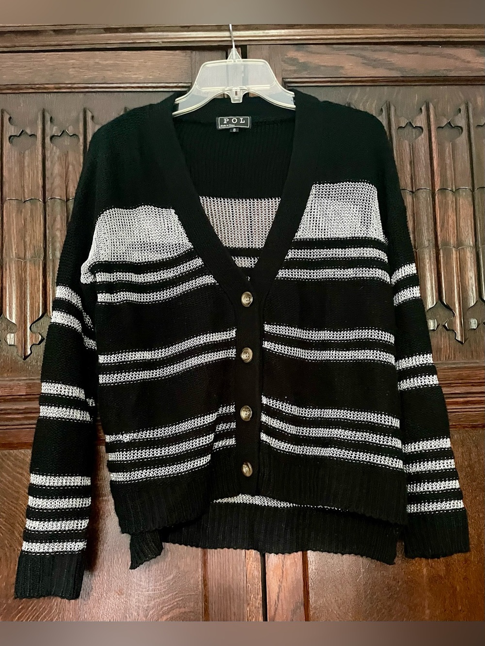 Vintage POL Black & Silver Striped Cardigan Sweater Size S